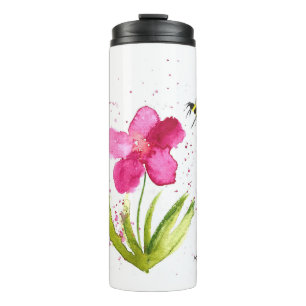 Watercolor pink flower bumblebee thermal tumbler