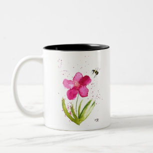 Watercolor pink flower bumblebee Two-Tone coffee mug