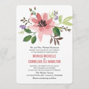 Watercolor Pink Flower Burst Wedding Invitation
