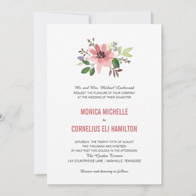Watercolor Pink Flower Burst | Wedding Invitation (Front)