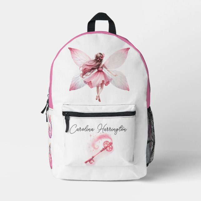 Watercolor Pink Flower Fairy Magic Wand Mushroom  Printed Backpack (Front)