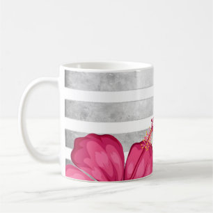 Watercolor Pink Flower in a Black and White Stripe Coffee Mug