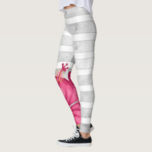 Watercolor Pink Flower in a Black and White Stripe Leggings