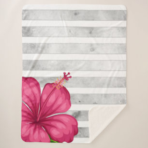 Watercolor Pink Flower in a Black and White Stripe Sherpa Blanket