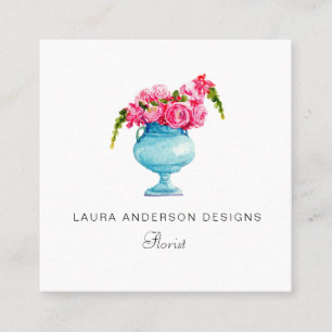 Watercolor pink flower in vase Florist Square Business Card