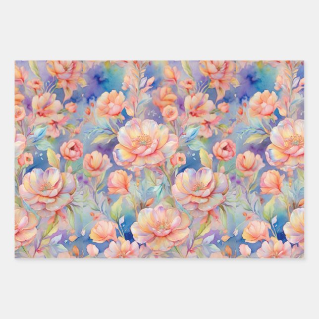 Watercolor pink flower soft pastel wrapping paper sheet (Front)