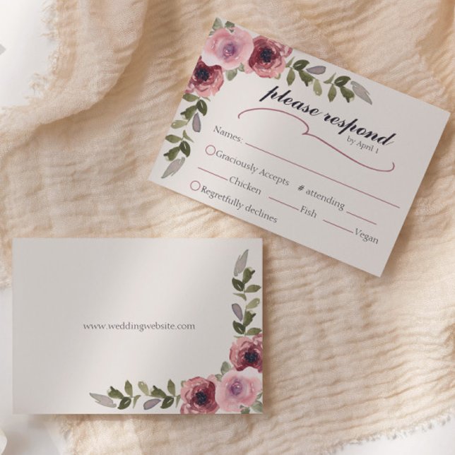 Watercolor Pink Flower Wedding Event RSVP card  (Watercolor floral pink rose with leaves RSVP response card with wedding website on back)