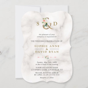Watercolor Pink Flowers Ampersand Marble Wedding Invitation