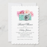 Watercolor pink flowers and camera bridal shower