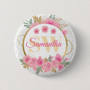 Watercolor Pink Flowers and Gold Foil Monogram 6 Cm Round Badge