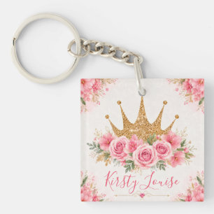 Watercolor Pink Flowers and Gold Tiara Key Ring
