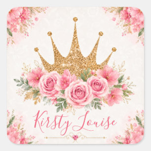 Watercolor Pink Flowers and Gold Tiara Square Sticker