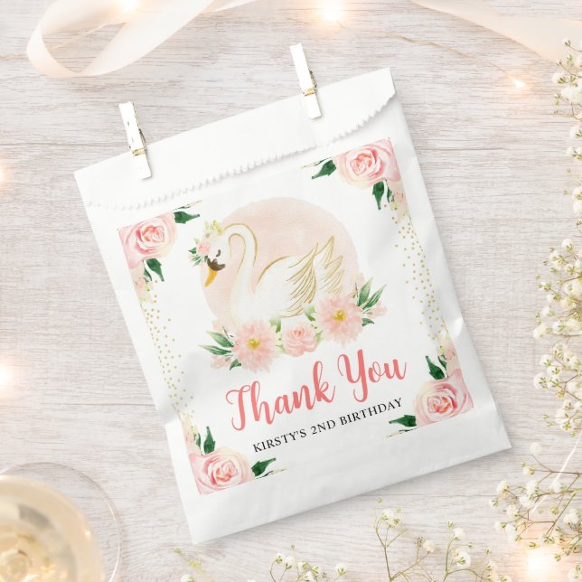 Watercolor Pink Flowers and Swan Birthday Favour Bags (Clipped)