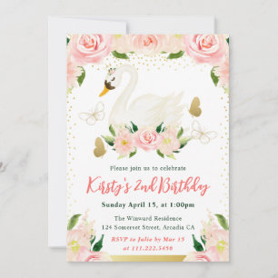 Watercolor Pink Flowers and Swan Birthday Invitation
