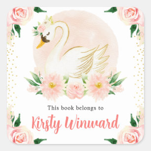 Watercolor Pink Flowers and Swan Bookplate Square Sticker