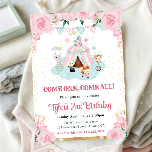 Watercolor Pink Flowers Animals Birthday Party Invitation (Creator Uploaded)