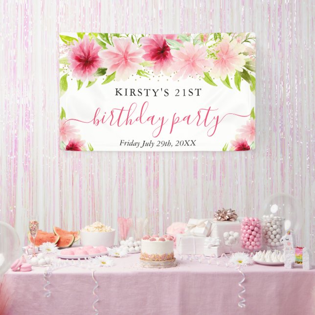 Watercolor Pink Flowers Birthday Party Welcome Banner (Party)