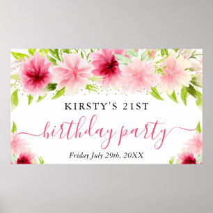 Watercolor Pink Flowers Birthday Party Welcome Poster