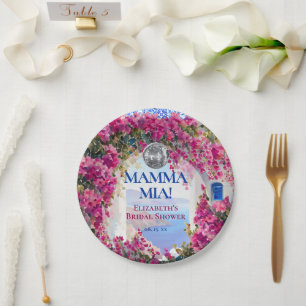 Watercolor Pink Flowers Blue Tiles Disco Ball Paper Plate