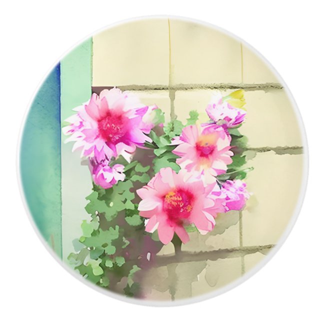 Watercolor Pink Flowers Ceramic Knob (Front)