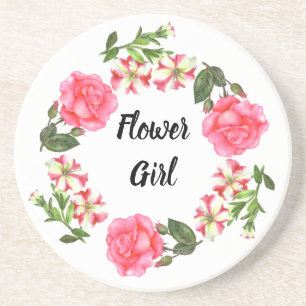 Watercolor Pink Flowers Circle Wreath Design Coaster