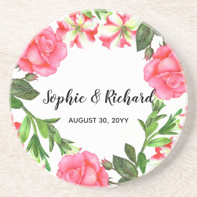 Watercolor Pink Flowers Circle Wreath Design Coaster (Front)