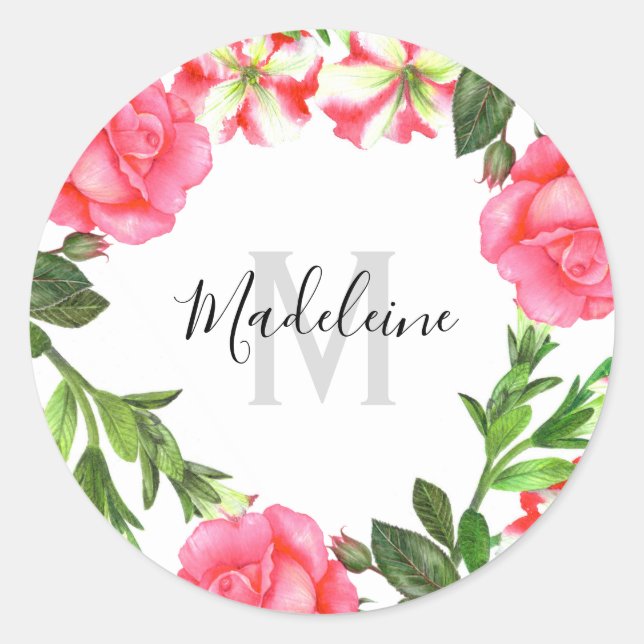 Watercolor Pink Flowers Circle Wreath Monogram Classic Round Sticker (Front)