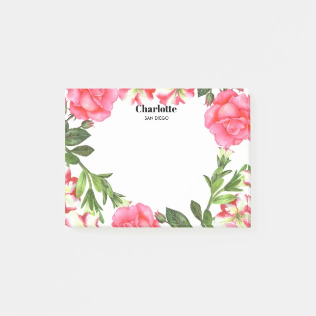 Watercolor Pink Flowers Circle Wreath Post-it Notes (Front)