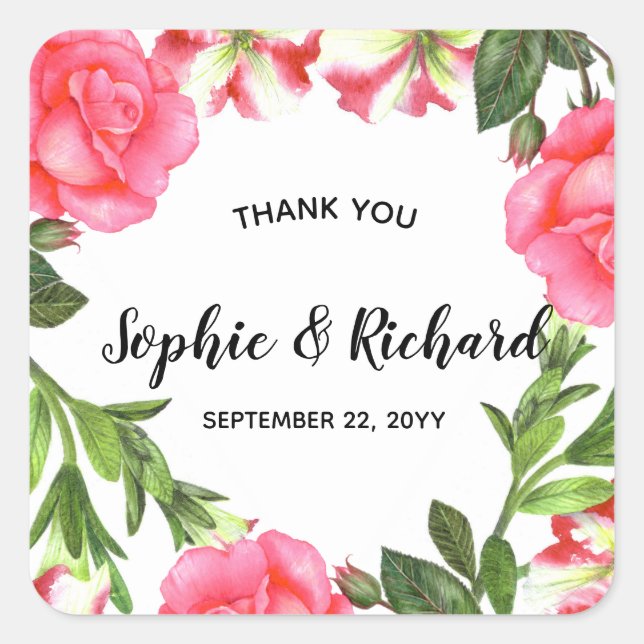 Watercolor Pink Flowers Circle Wreath Square Sticker (Front)