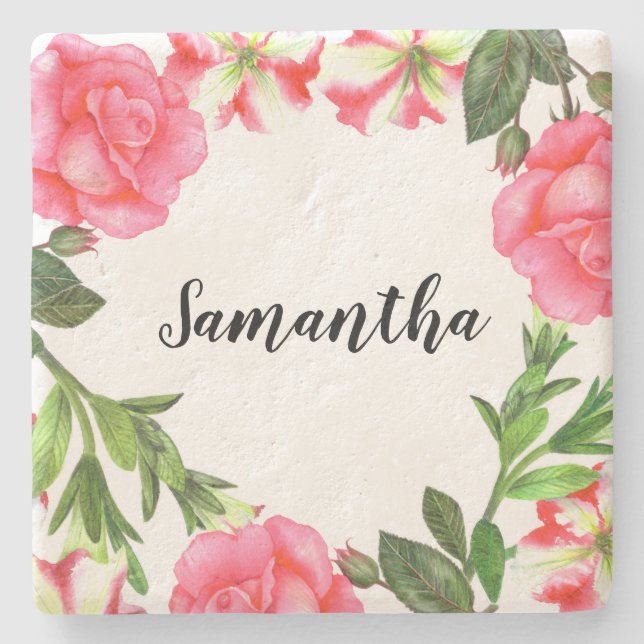 Watercolor Pink Flowers Circle Wreath Stone Coaster (Front)