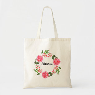 Watercolor Pink Flowers Circle Wreath Tote Bag