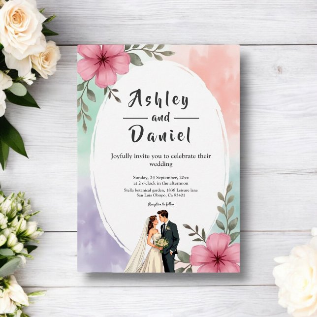 Watercolor Pink Flowers Couple Boho Summer Wedding Invitation (Creator Uploaded)