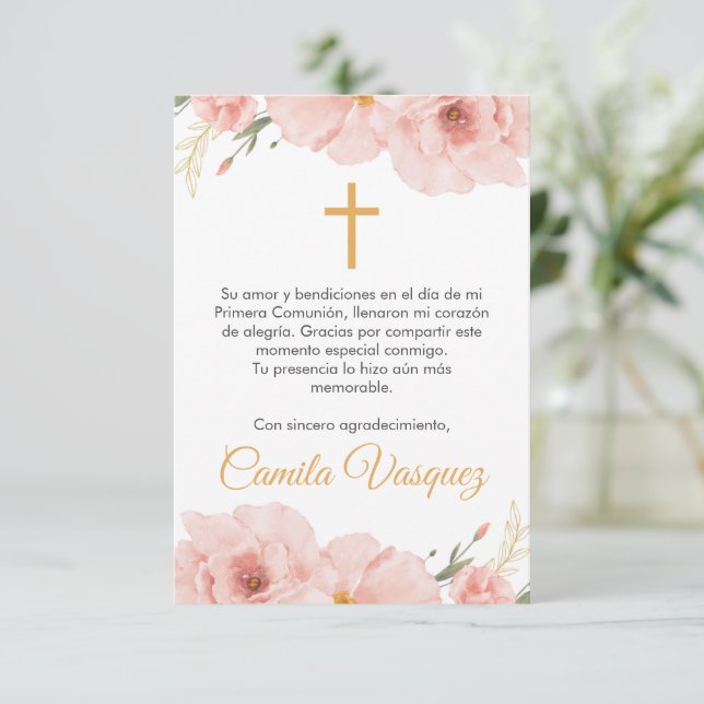 Watercolor Pink Flowers Cute First Communion  Thank You Card (Standing Front)