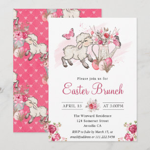 Watercolor Pink Flowers & Cute Lamb Easter Brunch Invitation