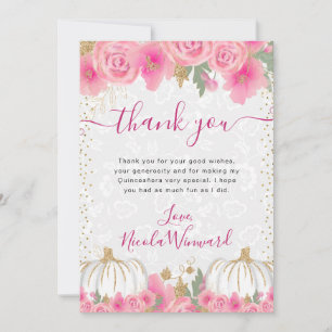 Watercolor Pink Flowers Fall Pumpkin Quinceanera Thank You Card
