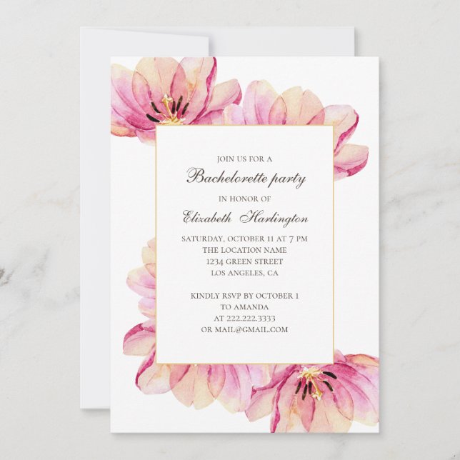 Watercolor pink flowers. Floral bachelorette party Invitation (Front)