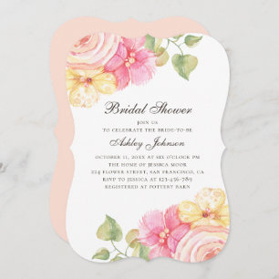 Watercolor pink flowers. Floral bridal shower Invitation