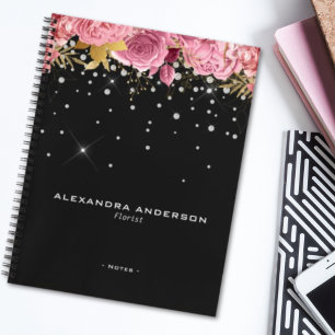 Watercolor Pink Flowers Floral Diamond Glitter Notebook