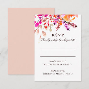 Watercolor pink flowers. Floral garden wedding RSVP Card