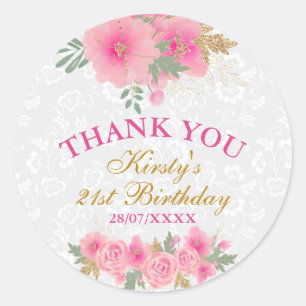 Watercolor Pink Flowers Gold Foil Birthday Party Classic Round Sticker