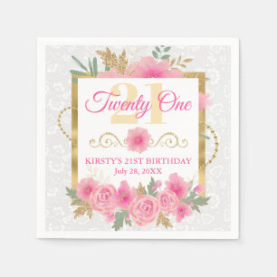Watercolor Pink Flowers & Gold Foil Birthday Party Napkin