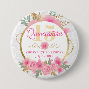 Watercolor Pink Flowers & Gold Foil Quinceañera 7.5 Cm Round Badge