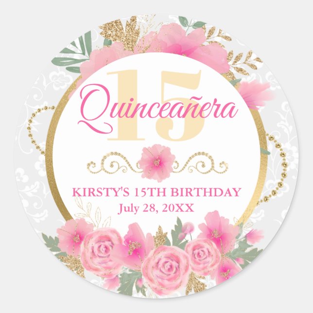 Watercolor Pink Flowers & Gold Foil Quinceañera Classic Round Sticker (Front)