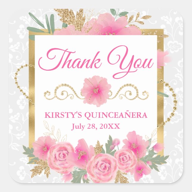 Watercolor Pink Flowers & Gold Foil Quinceañera Square Sticker (Front)