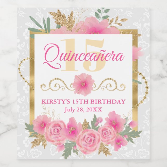 Watercolor Pink Flowers & Gold Foil Quinceañera Wine Label (Single Label)