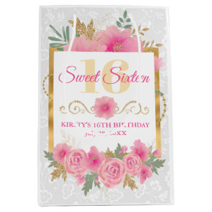 Watercolor Pink Flowers & Gold Foil Sweet Sixteen Medium Gift Bag