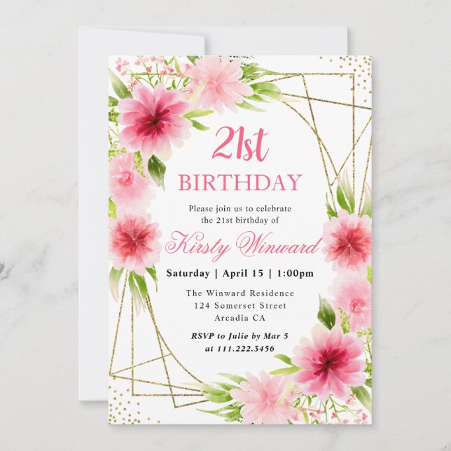 Watercolor Pink Flowers Gold Frame 21st Birthday Invitation (Front)