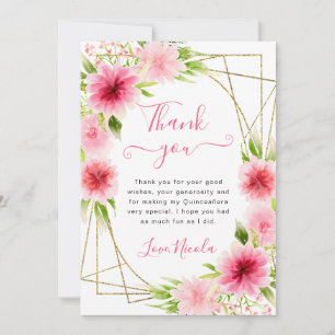 Watercolor Pink Flowers Gold Frame Quinceanera Thank You Card