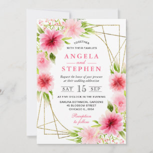 Watercolor Pink Flowers Gold Frame Wedding Invitation