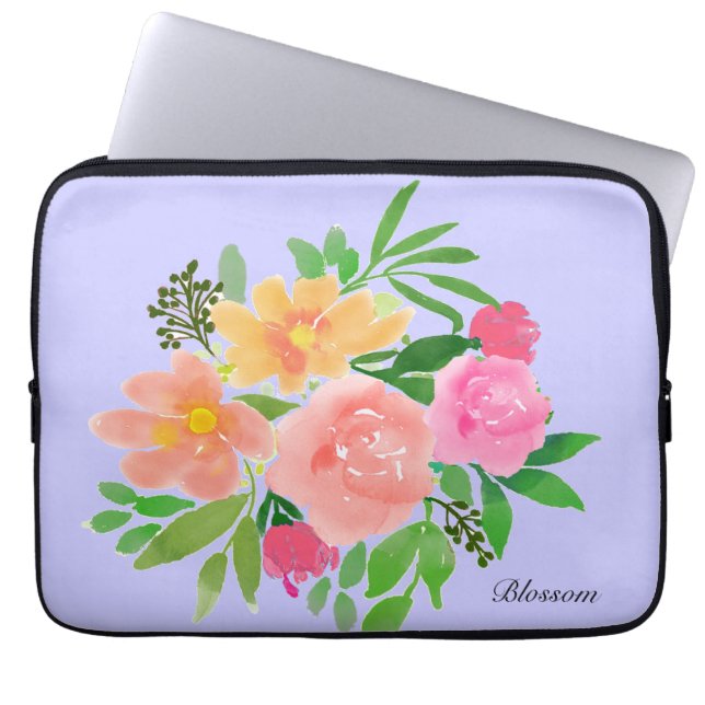Watercolor pink flowers & green leaves laptop sleeve (Front)